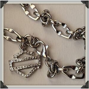 HARLEY DAVIDSON Rhinestone Bar & Shield Charm Bracelet on Stainless Steel Chain